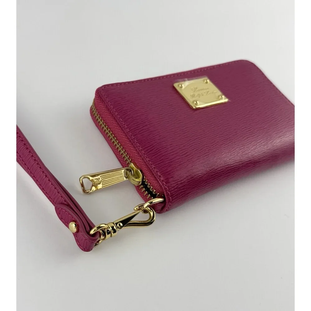 Lauren Ralph Lauren Pink Leather Wristlet Zip Around Wallet With Gold Hardware